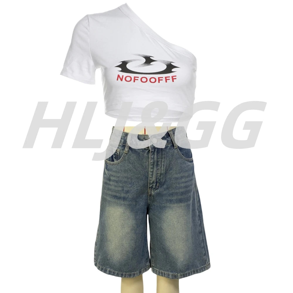 HLJ&GG Blue Retro Fashion jeans Two Piece Sets Women One Shoulder Short Sleeve Crop Top+Jeans Shorts Outfits Fashion Streetwear