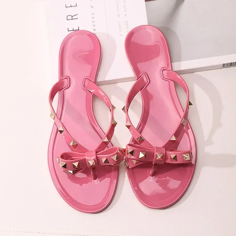 Size 36-42 2026 Hot Sale Fashion Women's Flip Flops Summer Shoes Cool Beach Rivet Big Bow Flat Sandals Jelly Shoes Sandals Girls