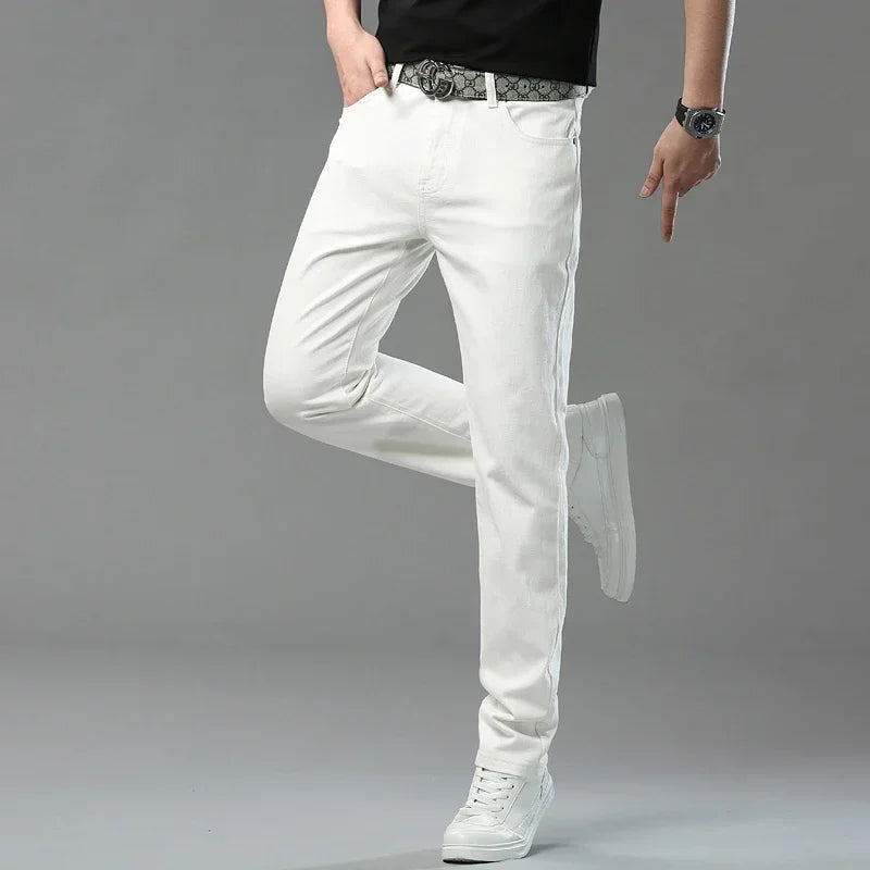 White Yellow Pink Red Fashion 5 Color Fashion Men's Stretch Jeans Slim Streetwear Korean Business Straight Casual Denim Trousers