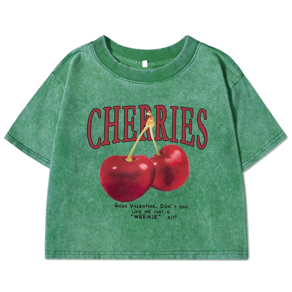 Red Cherries Letter Printed Female T-shirt Fashion Summer Washed Clothing Casual Cotton Crop Top Retro Tee Shirts For Women