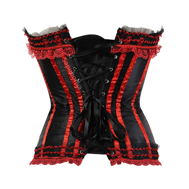 Sapubonva Lace up corsets bustiers top sexy satin overbust corset striped ladies satin halloween big size red black pink korsett