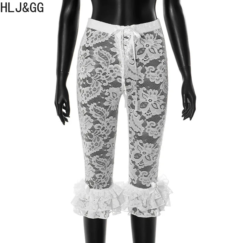 HLJ&GG Red Y2K Letter Lace Splicing Bandage Two Piece Sets Women Off Shoulder Hollow Crop Top And Skinny Ruffle Shorts Outfits