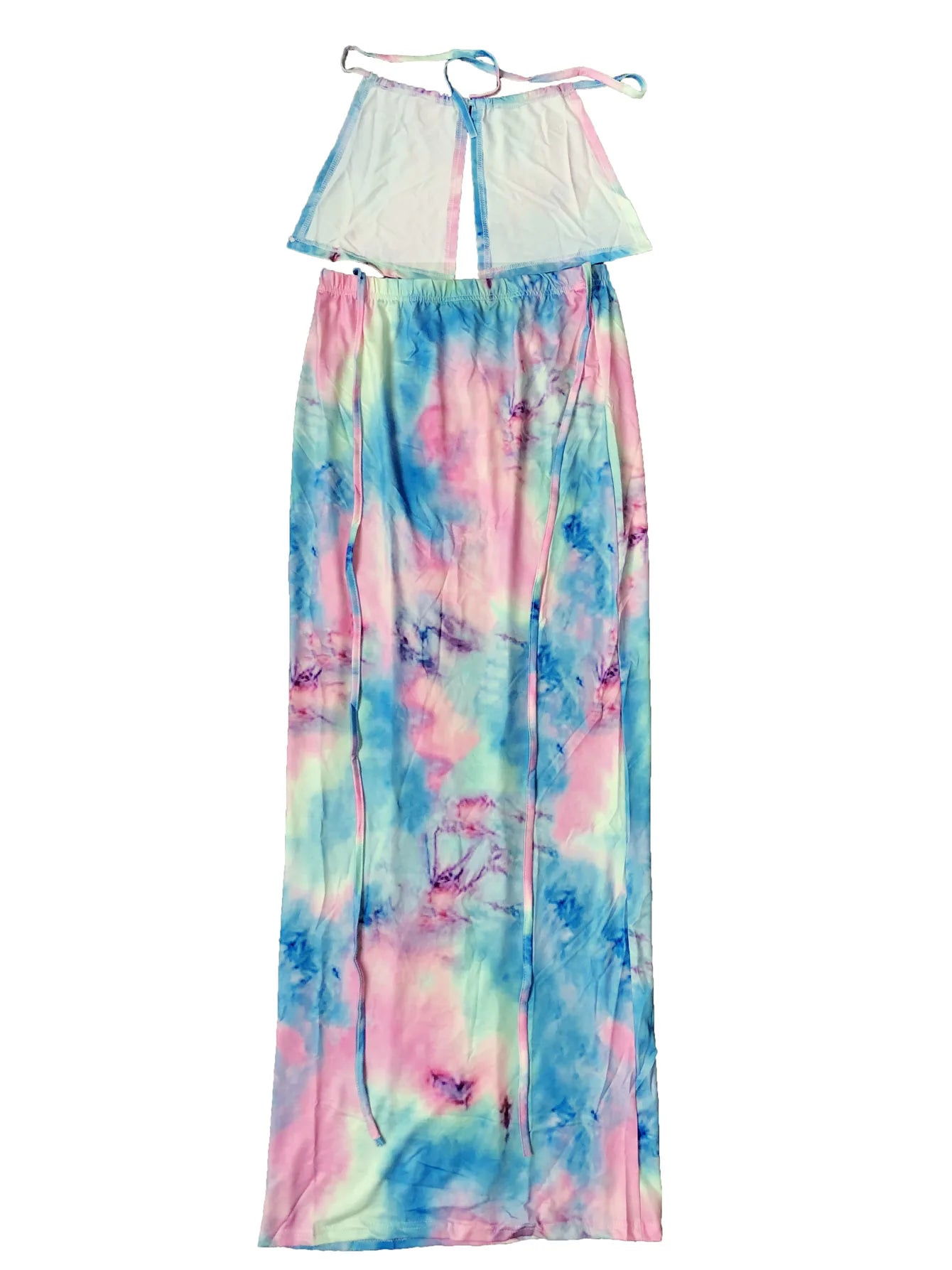Tie Dye Sexy Two-piece Set, Halter Neck Tie Front Tank Top & High Waist Bodycon Maxi Skirts Set, Women's Clothing