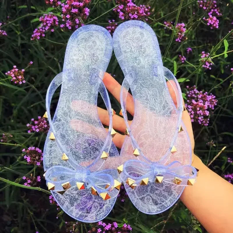Size 36-42 2026 Hot Sale Fashion Women's Flip Flops Summer Shoes Cool Beach Rivet Big Bow Flat Sandals Jelly Shoes Sandals Girls