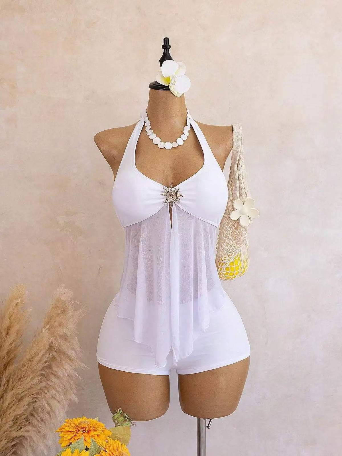 Vintage Yellow Polka Dot Print Bikini Set 2026 Women Metal Sun Ornament Mesh Tank Top High Waist Swimsuit Bathing Suit Swimwear