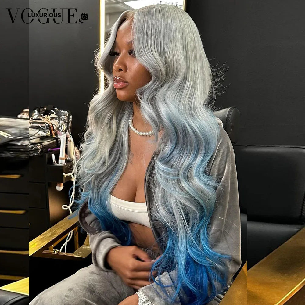 Omber Grey Blue Body Wave 100% Real Human Hair Wig 200% Density Pre Cut Remy Wigs Salon Hair Coloring Wig 13x6 Lace Front Wigs