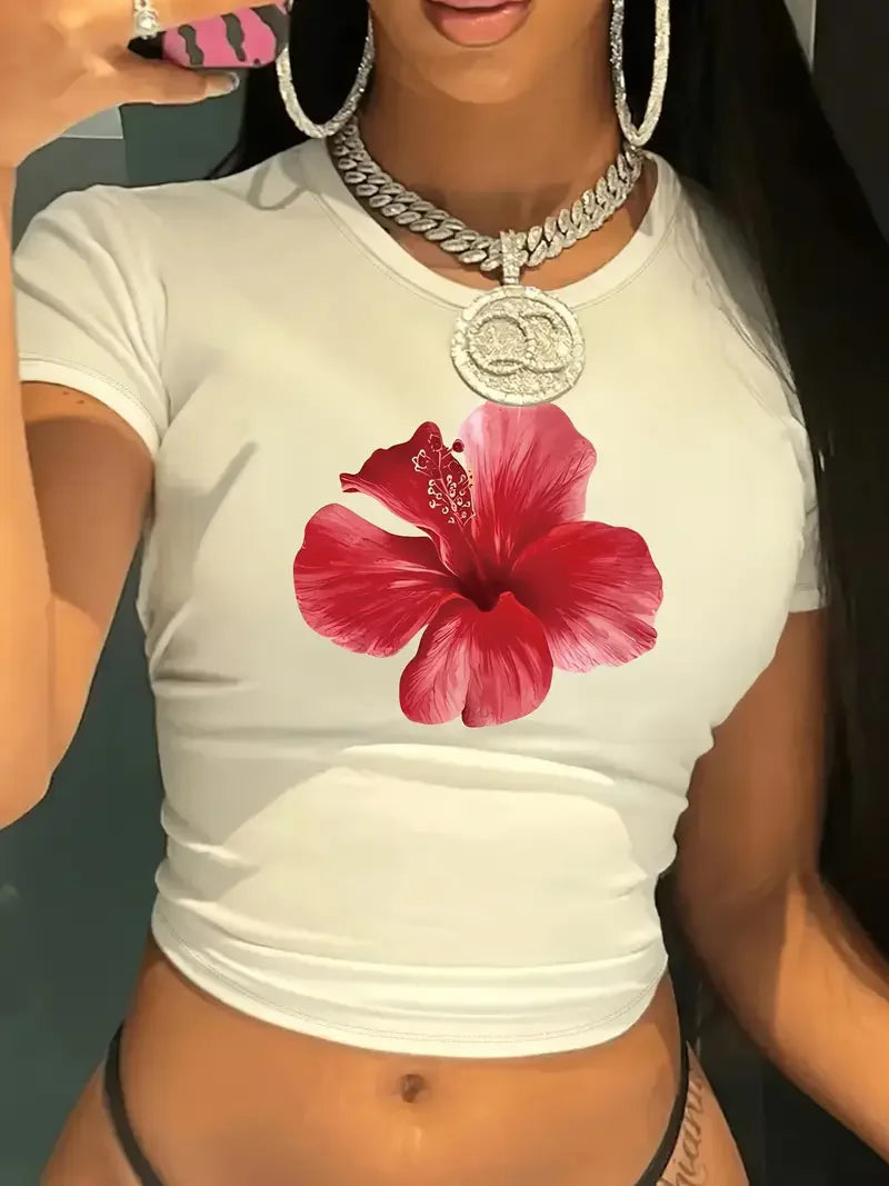 Y2k 2000s Floral Red Flower Crop Top Vest Women's Print Round Neck Sleeveless Shirt Cropped T-shirt Sexy