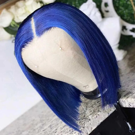 Short Bob Blue Colored 13X4 Lace Part Transparent Lace Peruvian Virgin Hair Wig For Women 100% Human Wig Straight Wig For Women