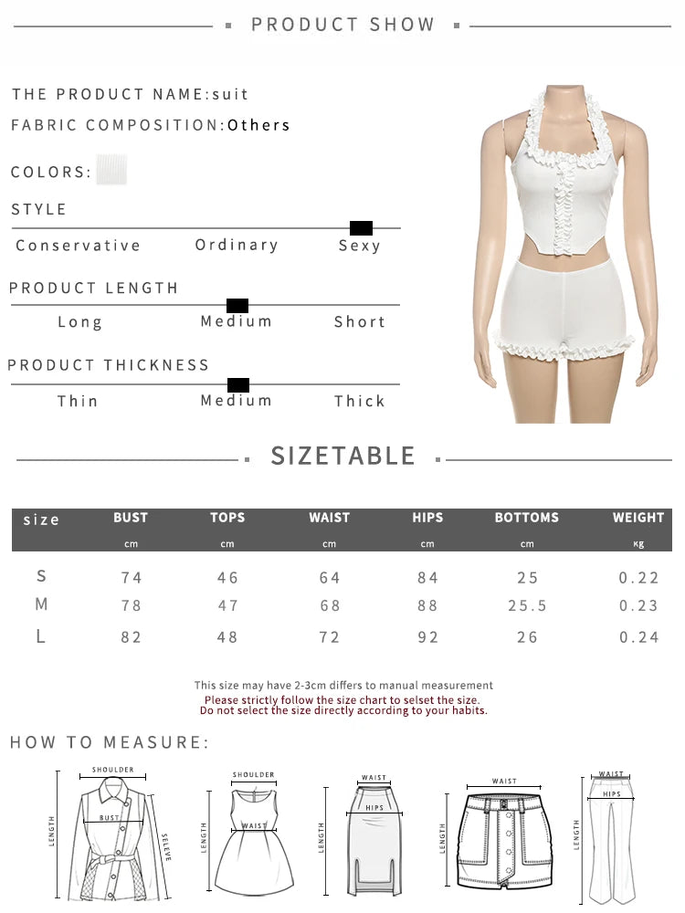 Weird Puss Ribbed Casual 2 Piece Set Women Ruffles Square Collar Backless Tank Tops+Skinny Shorts Versatile Style Trend Outfits