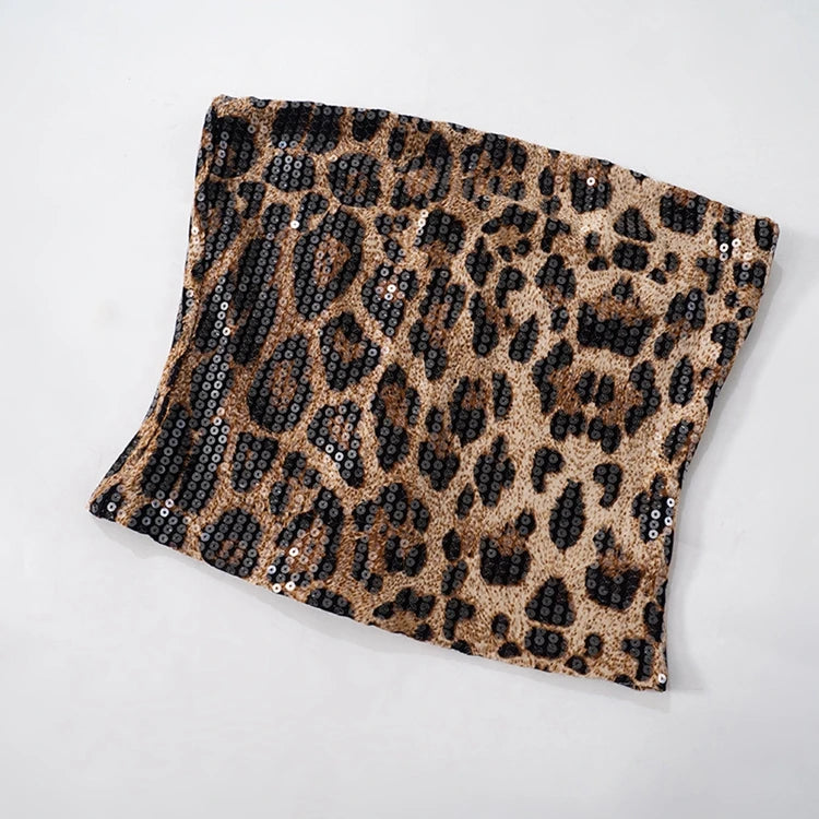 STYLISH LADY Sparkly Sequined Leopard Printed Crop Top 2025 Summer Women Strapless Zipper Slim Sexy Club Party Street Tops Tees