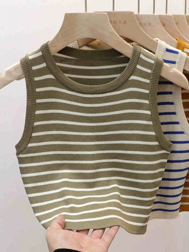 2026 Spring Summer New Sleeveless Ice Silk Knit Tank Top Striped O-Neck Women's Camisole Slim Fit Versatile Sexy Crop Tops