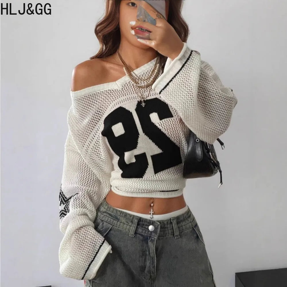 HLJ&GG Fashion Mesh Hollow Letter Printing Loose Tshirts Women V Neck Long Sleeve Sporty Street Tops Y2K Summer New Tees Wear