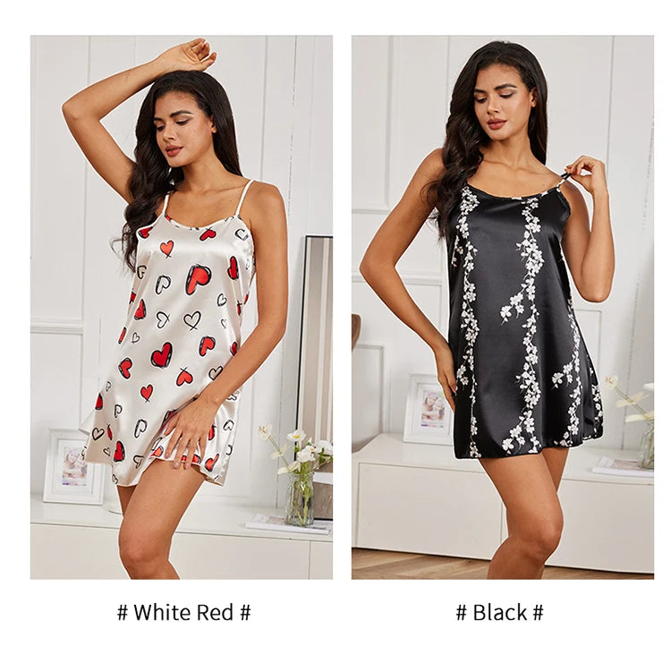 Sexy Pajamas Women's Silk Thin Suspender Nightdress Pink Nightgown Nightwear For Woman Home Clothes Sleepwear Ladies Mini Dress