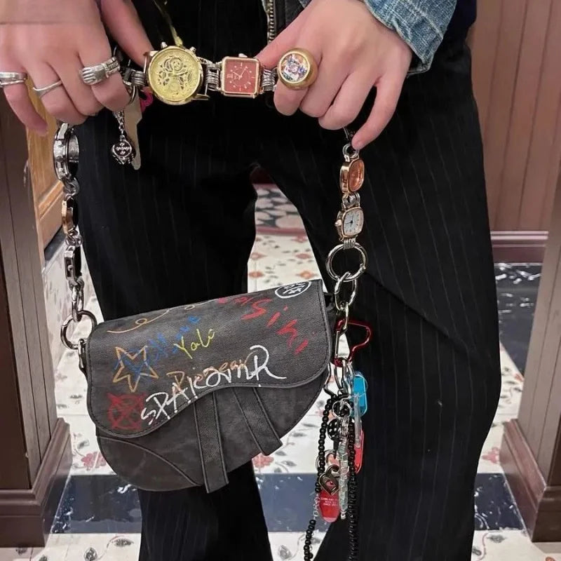 Shoulder Bag 2025 Autumn Winter New Denim Graffiti Y2k Saddle Bag Unisex Tote Fashion Commuter Outdoor Handbag Crossbody Bag