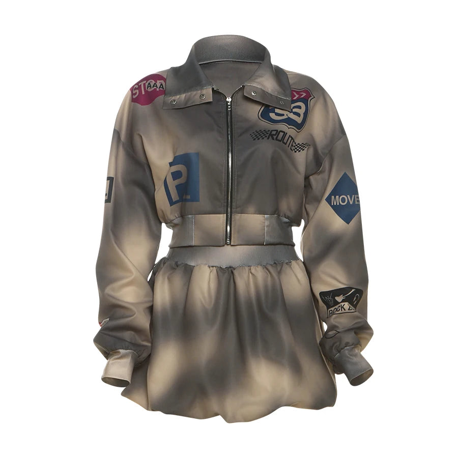 Weird Puss Tie-Dye 2 Piece Set Women Letter Print Zip Jacket+Waistband Puffy Skirt Matching Street Casual Vintage Suit