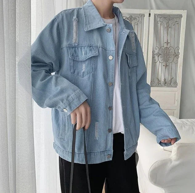 Button Short Casual Slim Cowboy Coat for Men Korean Popular Clothes Denim Jackets Man Loose New In Designer Branded Rock Lxury