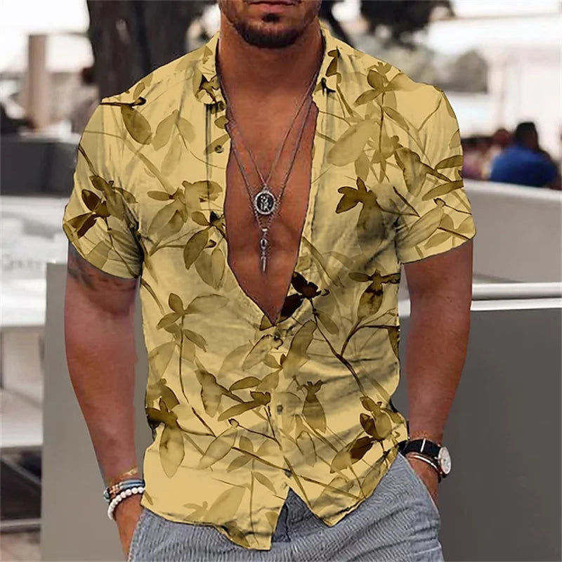 Men's black and gold flower shirts Summer plant print lapel shirt Hawaiian style beach short sleeved button up