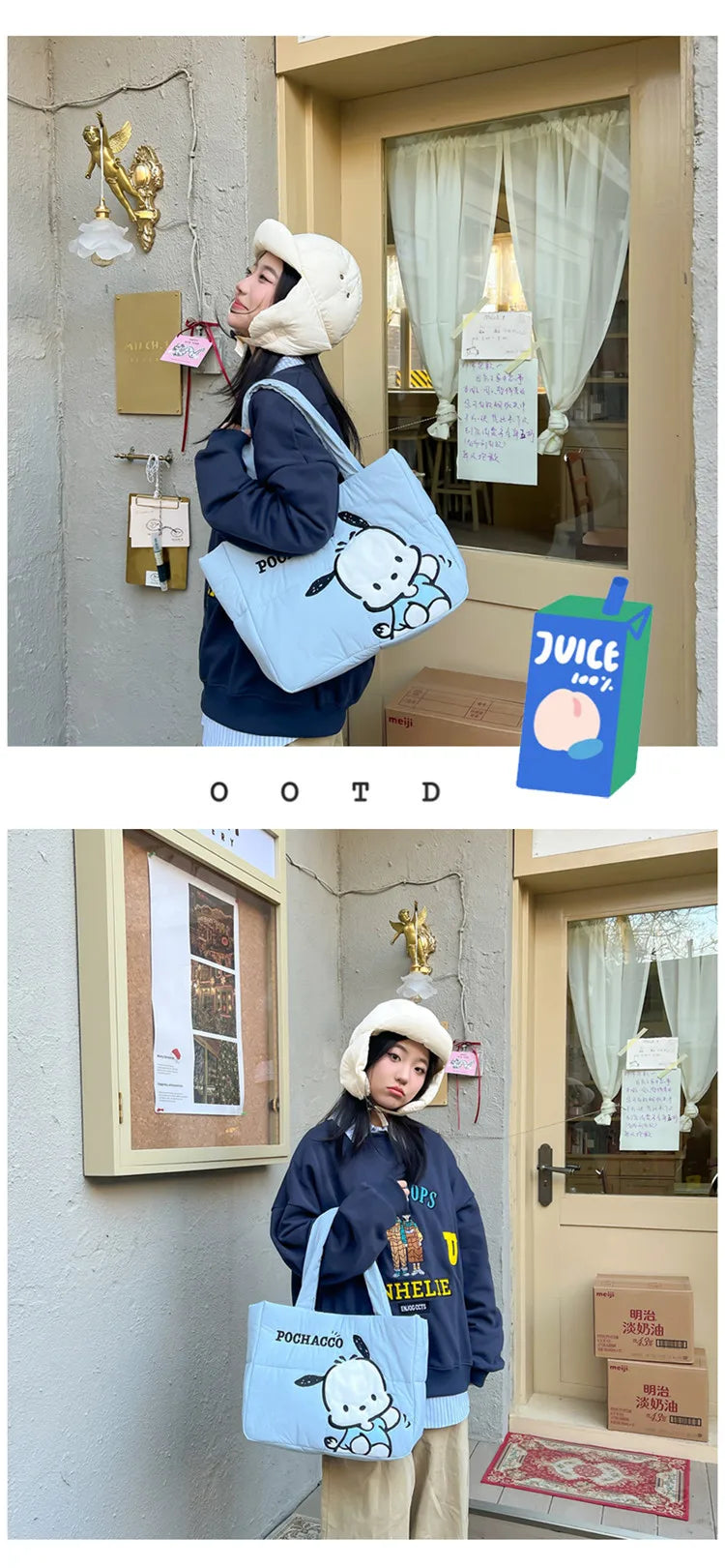 Sanrio Kawaii Hello Kitty Kuromi Tote Bags Cute My Melody Pochacco Cartoon Down Cotton Large Capacity Shoulder Bag Gifts Girls