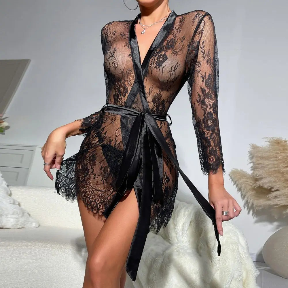 Sexy Temptation Sleepwear Lace Sleepwear Home Clothes Sleeprobe dress elegant mesh lace thin transparent sweet mini dress GX4Z