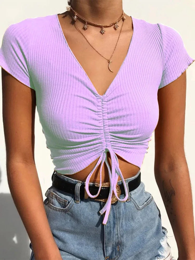 Sexy V Neck Cropped Tank Tops Women Drawstring Tie Up Front Camis Candy Colors Streetwear Slim Fit Ribbed Crop Top