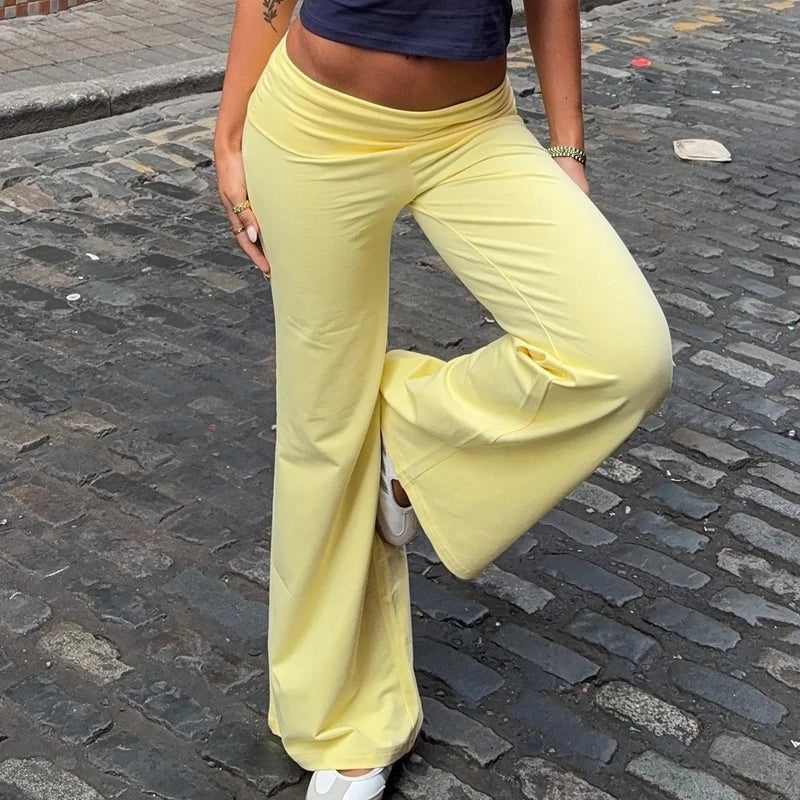 Women Casual Fold‑Over Waist Flare Pants Solid Stretchy Wide Leg Bell Trousers Daily Wear Lounge Y2K Loose Fit Sweat Pants