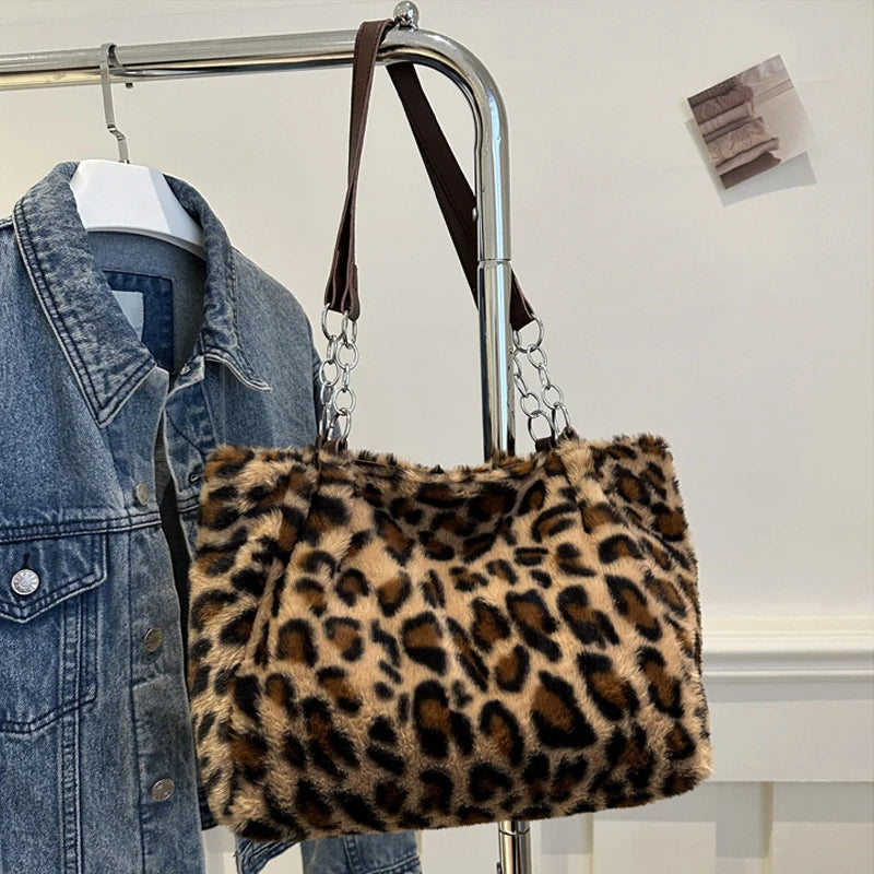 National Style Simple Women Leopard Tote Bag Lady Luxury Fluffy Shoulder Bag Chain Large Capacity Commuter Handle Bag
