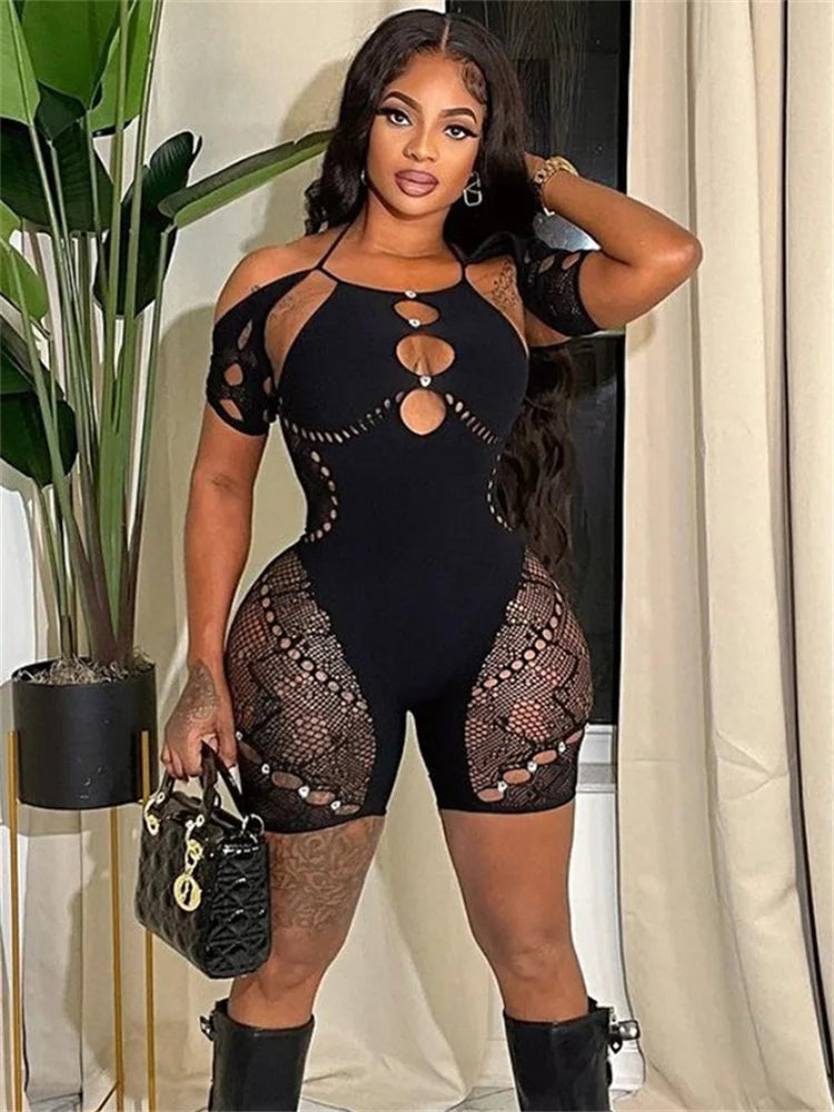 Club Outfits Sexy Jumpsuits for Women Short Sleeve Bodycon Rompers Jumpsuit Skinny Pink Mesh See Though One-piece Overalls 2024