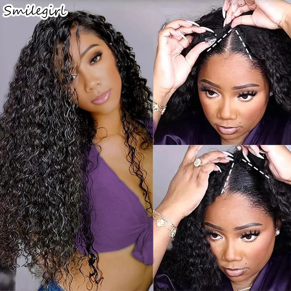 30 Inch Curly V Part Wig Human Hair Brazilian Virgin Human Hair Wig  Upgrade U Part Wig Glueless V Shape Wig Natural Black Color