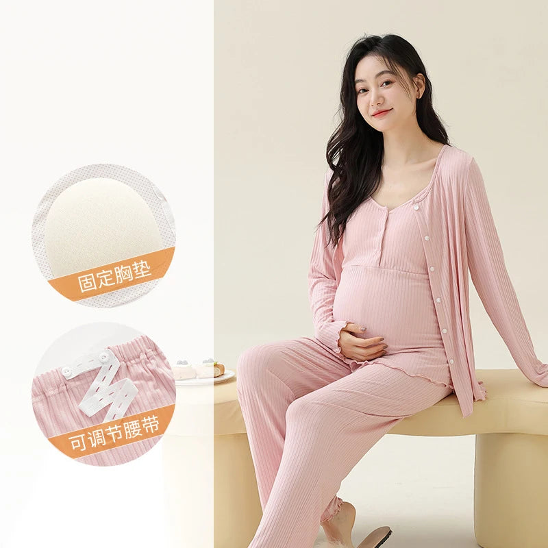 Pregnancy Comfort Pajamas Set Solid Color Long-sleeved Pants and Halter Vest Three-piece Maternity Nursing Homewear Sleepwear