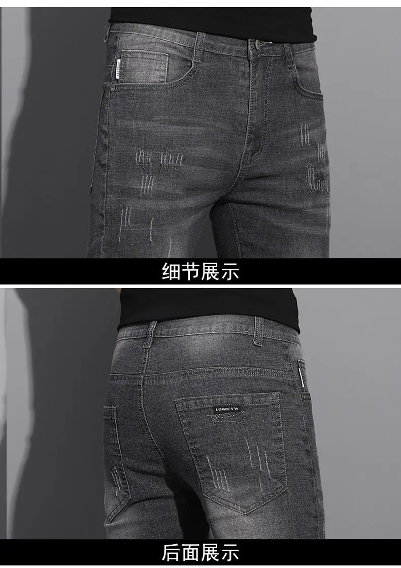 2025 Summer Thin Jeans Men's Korean Edition Fashion Trend Straight Leg Shorts Embroidered Cowboy Pants Black Blue Grey