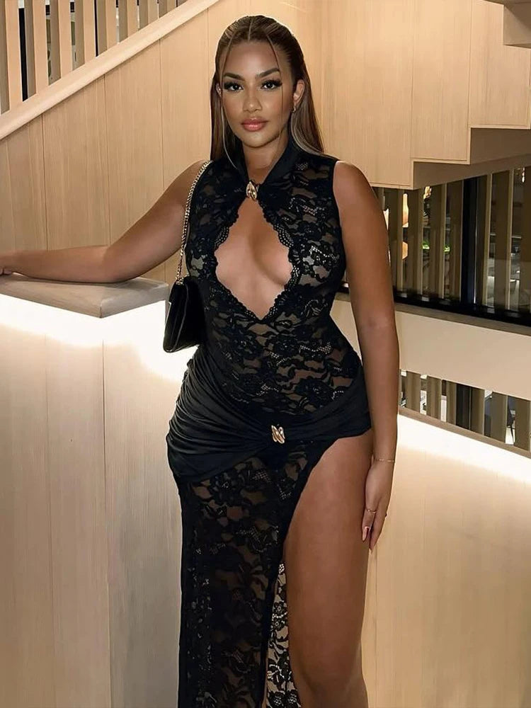 Weird Puss Sexy Solid Dress Women 2025 Summer Sleeveless Lace High Stretch Midnight club Asymmetrical Graphics Metal Knot Slit