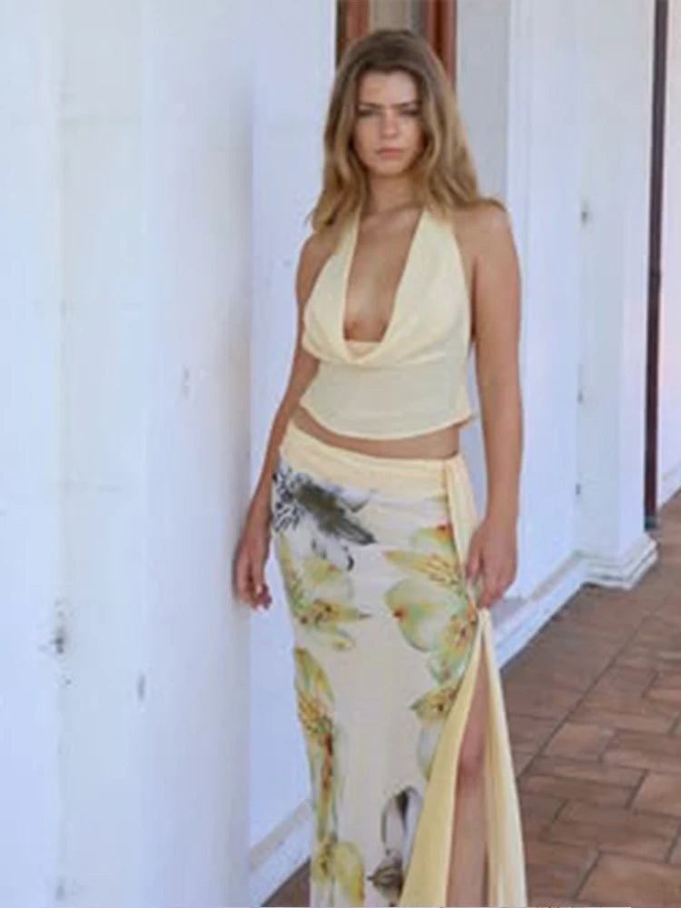 Weird Puss Elegant Women 3 Piece Set Stack Trend Halter Tops+Split Tassel Tassel+Flowers Mesh Skirts Matching Vacation Clubwear