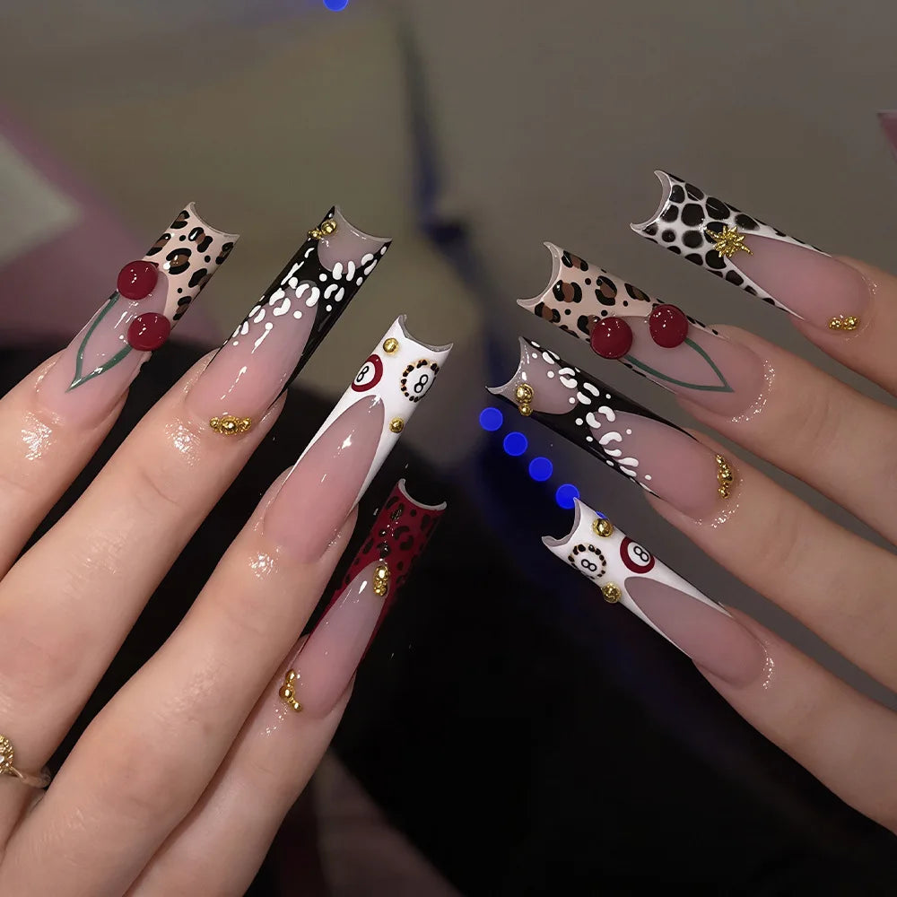 24Pcs Long Square Press on Nails Leopard Print French 3D Cherry Design False Nail Rhinestone Wearable Full Cover Fake Nails Tips