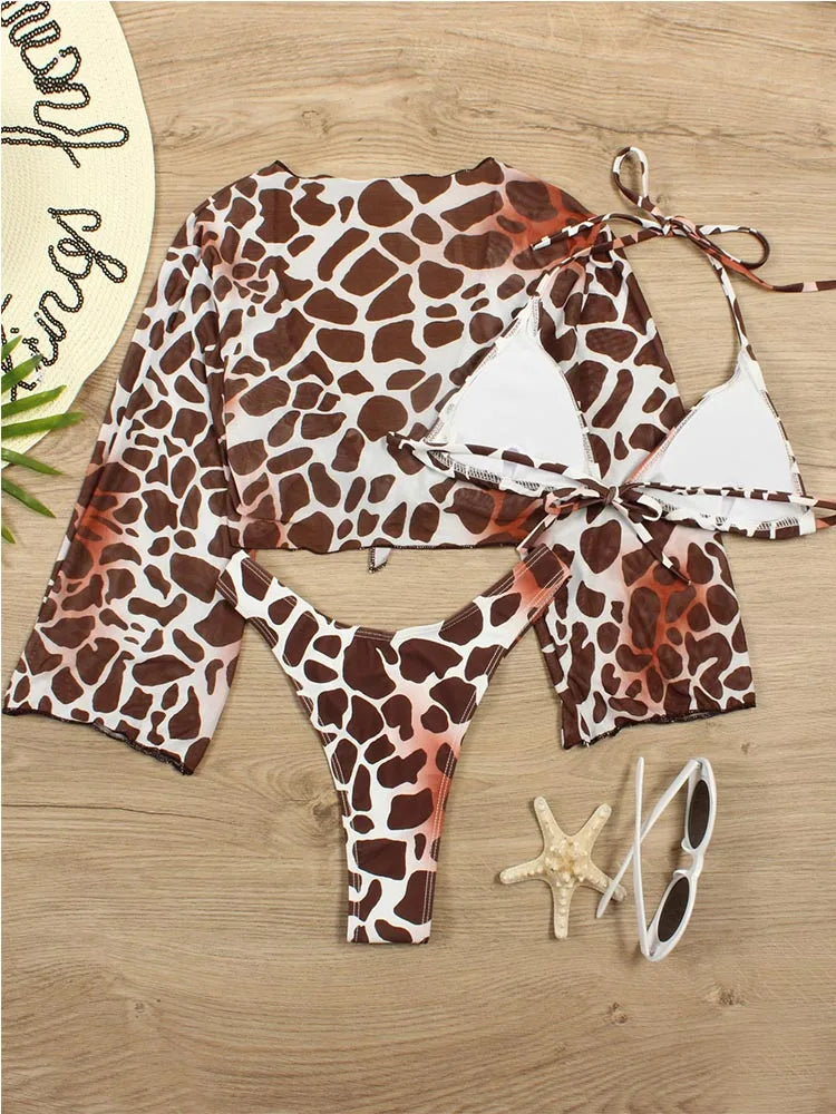 Sexy 3 Piece Swimsuit Women Leopard Print Push Up Padded Biquini Brazilian Summer Bathing Suit Long Sleeve Thong Bikini Swimwear