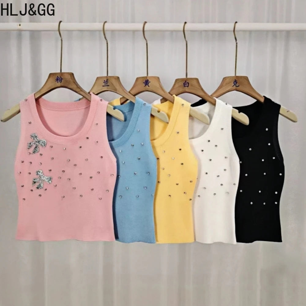 HLJ&GG Fashion Rhinestone Knit Tank Top Two Piece Sets Women Round Neck Sleeveless Crop Vest And Lace Ruffle Mini Skirts Outfits