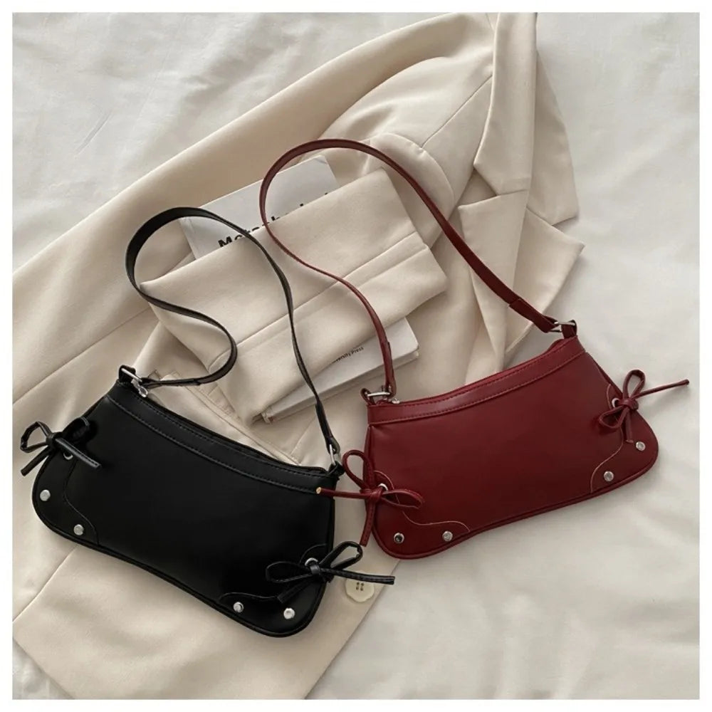 Retro Simple Double Bow Shoulder Bag Leopard Print PU Armpit Bag Women's Bag Women