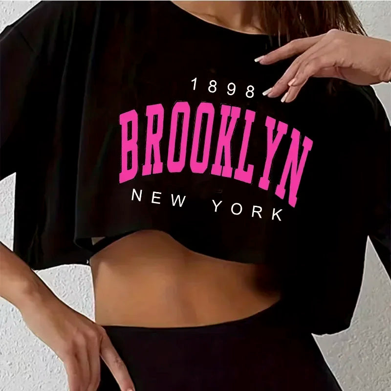 y2k T Shirt Los Angeles Number 91 Brooklyn Graphic Round Neck Sports Crop T-shirt Casual Crop Top Women Cropped