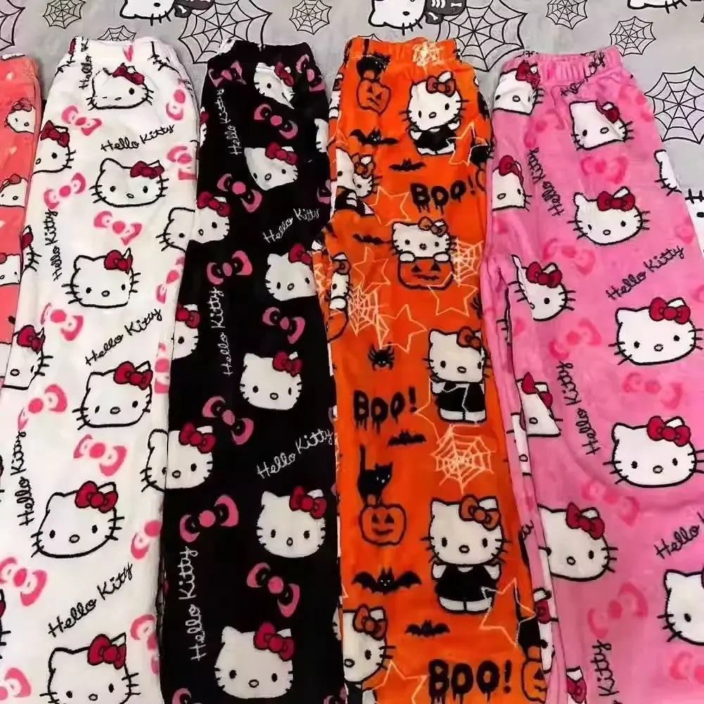 Hello Kitty Fleece Coral Pajama Pants Soft Trousers Women Casual Home Trousers Anime Cartoon Birthday Gift