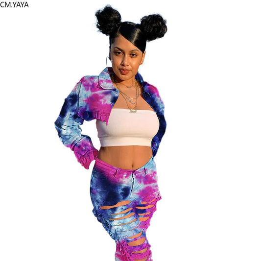 CM.YAYA Autumn Tie Dye Women Long Sleeve Mini jeans Coat Fashion Lady Jackets