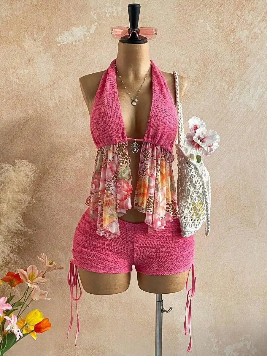 2pcs Women Halter Backless Tie-Up Top And Ruched Drawstring Shorts Set