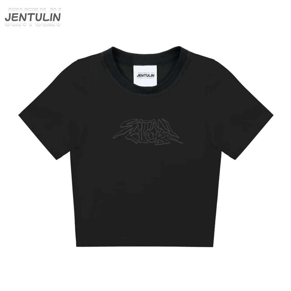 Harajuku Aesthetic Hip Hop Satan Club Graphic Print Y2K Letter Crop Tops SCFEM Tee Women Clothing Streetwear Short Sleeve Tshirt