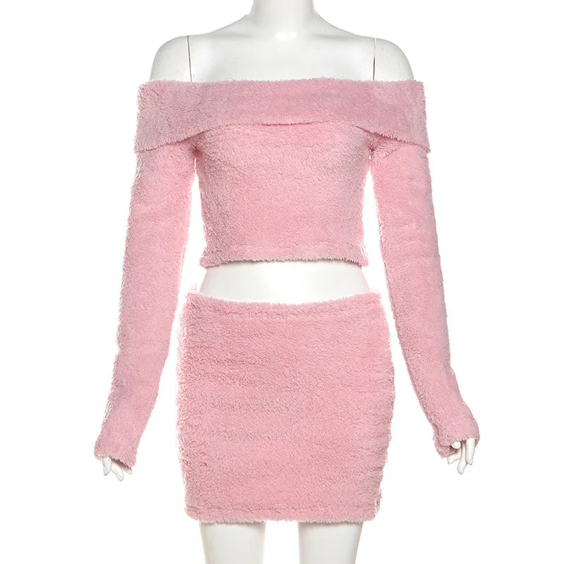 HLJ&GG Fashion Off Shoulder Fur Mini Skirts Two Piece Sets Women Long Sleeve Backless Slim Crop Top And Skirts Outfit Streetwear