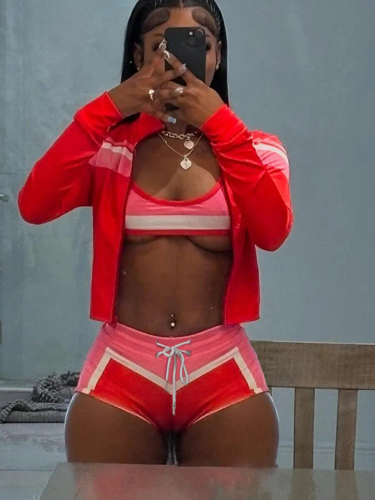 Kricesseen Hot Girls Zippers Printed Jacket Top And Shorts 3 Pieces Swimsuits Set Sports Bikini Monokini Surfing Suit Beachwear