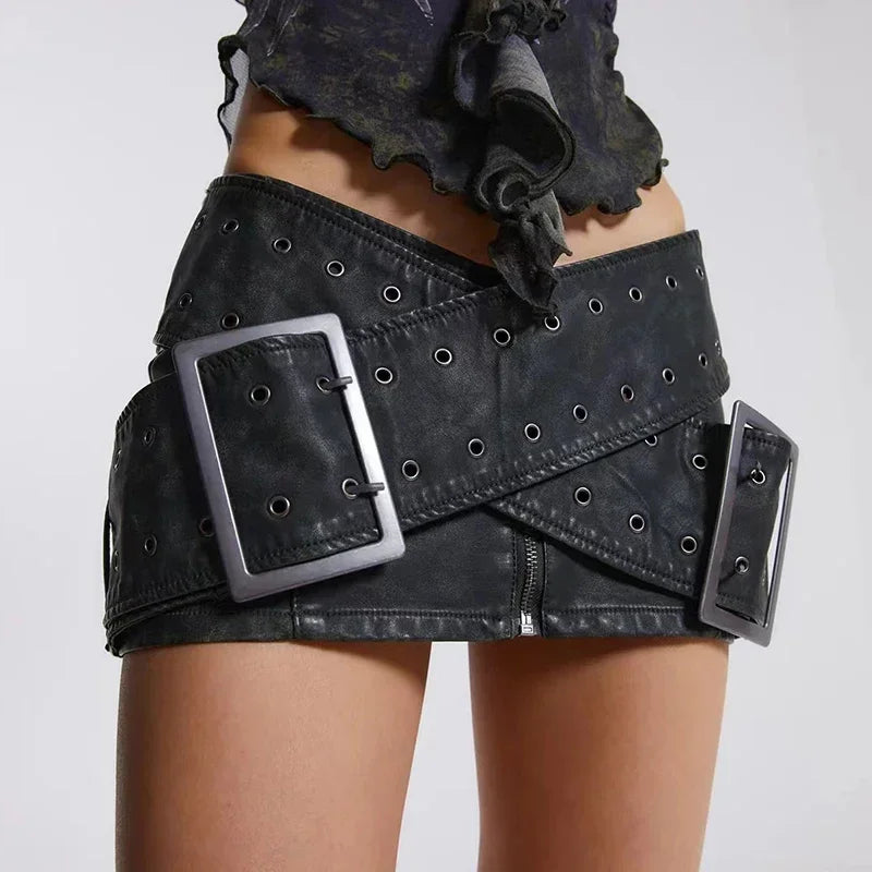 2024 Spring Casual Retro Style Sashes Y2k Fashion Leather Skirts Women's Vintage High Waist Slim Fit A-line Hotsweet Mini Skirt