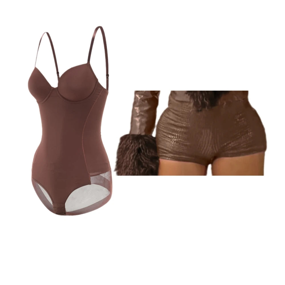 HLJ&GG Sexy Bodycon Spaghetti Strap Bodysuits Two Piece Sets Women V Neck Sleeveless Backless Top + Leather Snake Shorts Outfits