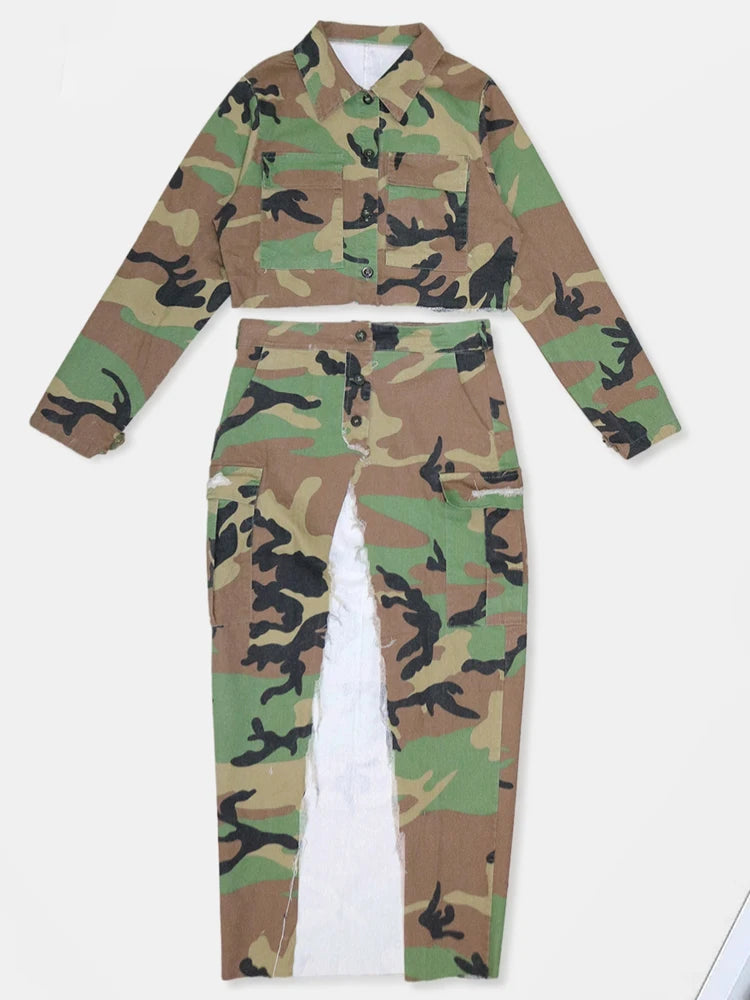 Kricesseen Fashion, 2 piece Button-Up Camouflage Green Jacket Top And High Slit Skirt Set 2 Piece Outfit Night Clubwear Overalls