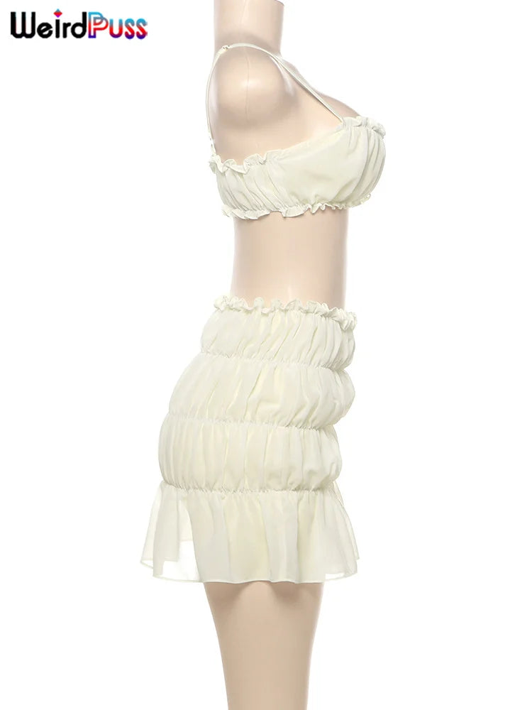 Weird Puss Ruffles 2 Piece Set Women Summer Vacation Beach Style Thin Camisole+Ruched Sexy Peach Hip Skirts Matching Clubwear