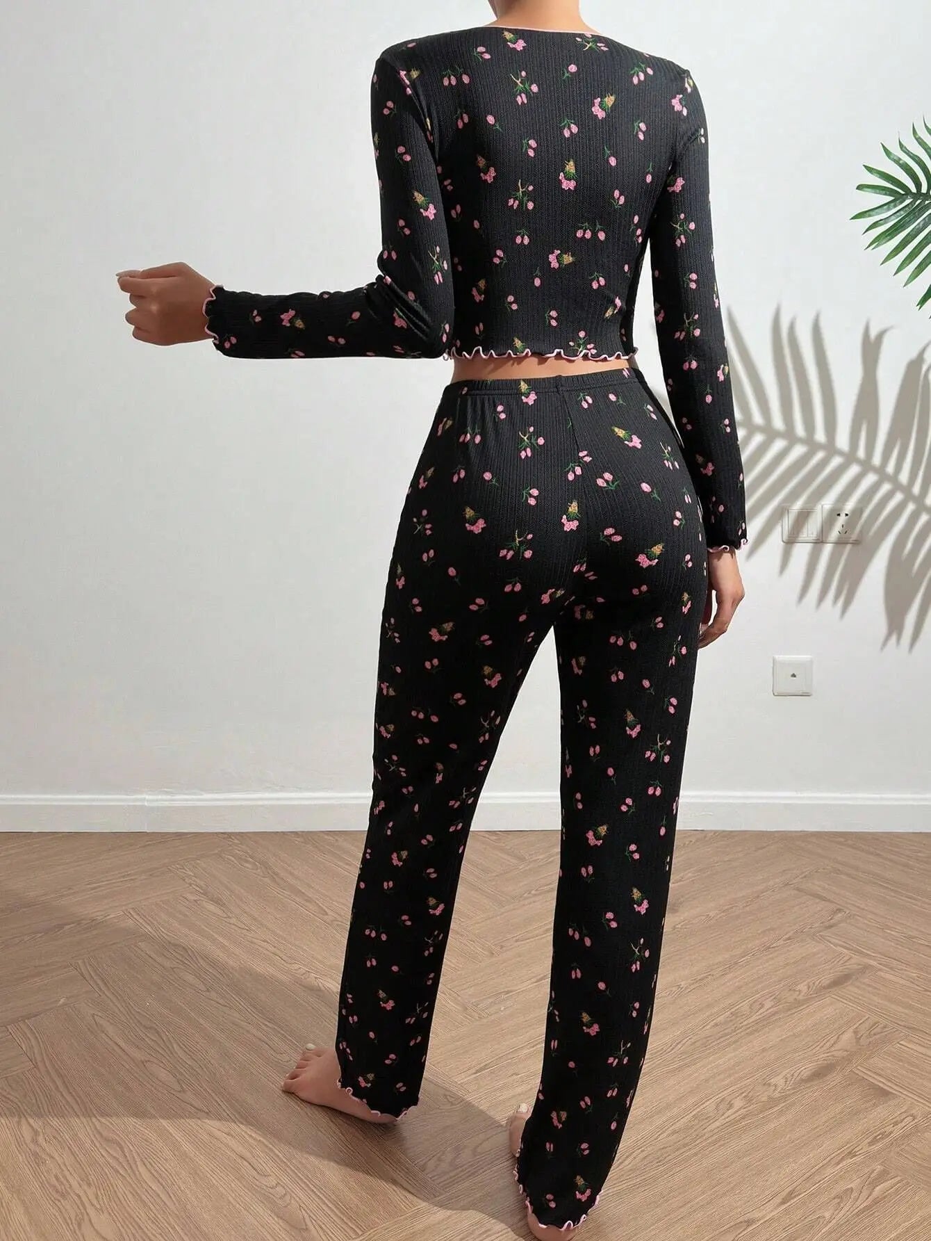 Autumn Winter Floral Print Pajamas Set for Women Sleepwear Long Sleeve Top and Long Pants 2 Piece Casual Homewear Loungewear