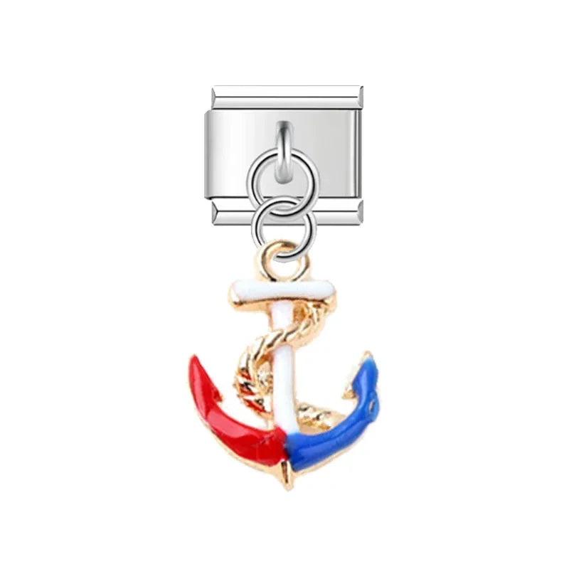 2025 NEW Popular Bow Anchor Pendant Elastic Charm Italian Links Fit 9mm Modular Bracelet Making DIY Jewelry Bulk