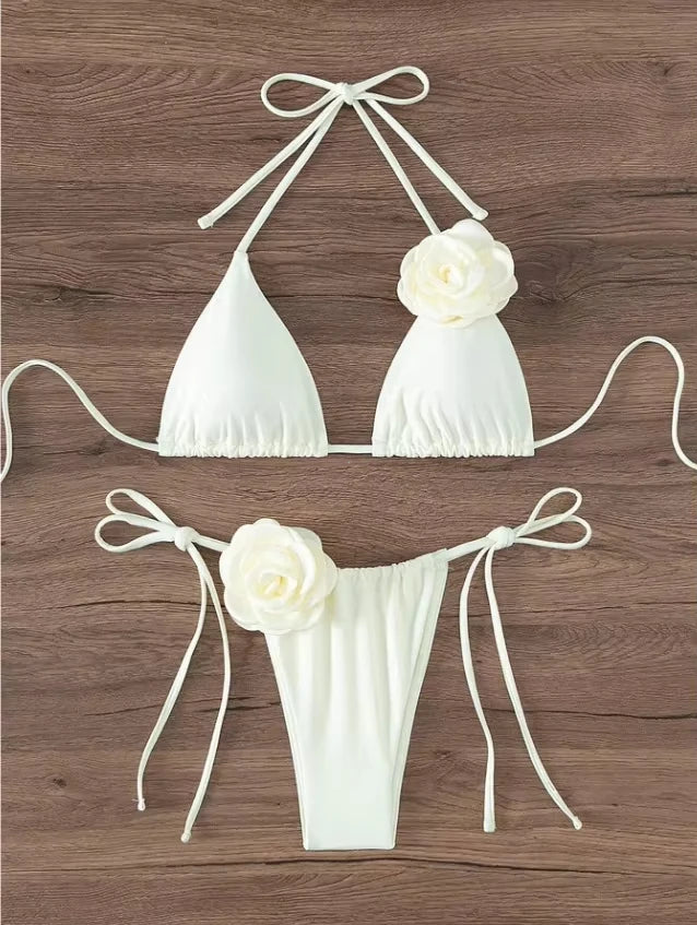 S - L Sexy 3D Flowers Halter Strappy Bikini, Swimwear Swimsuit Two-pieces Bikini Set Bather Bathing Suit Swim